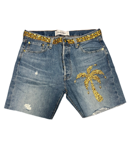 Root of Evil - Rhinestone Palm Tree Shorts Gold