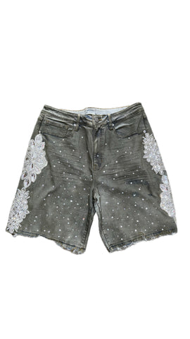 Billionaire Dreams Crystal Flower Washed Grey Shorts