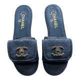 Chanel Navy Canvas Quilted Turnlock Flat Mules